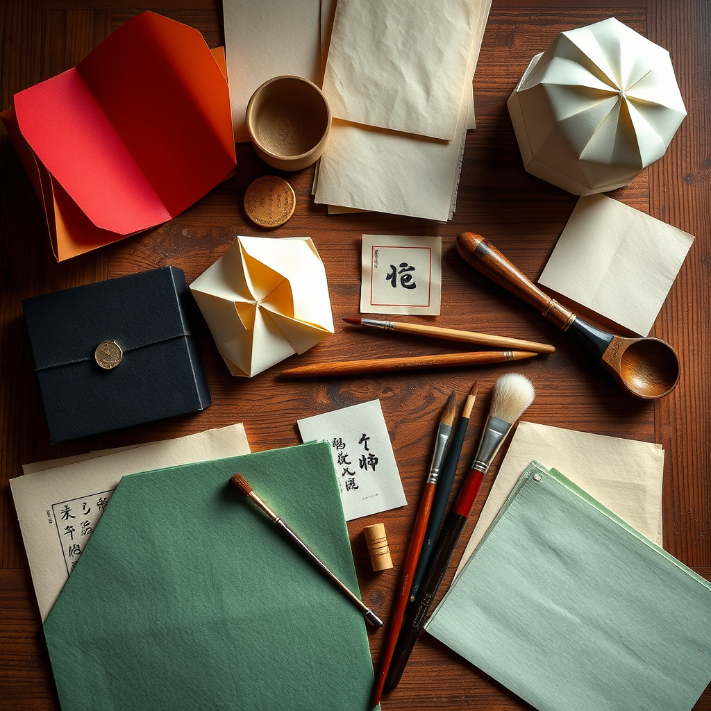 Traditional Japanese craft supplies including origami paper, brushes, and calligraphy tools arranged on a wooden surface