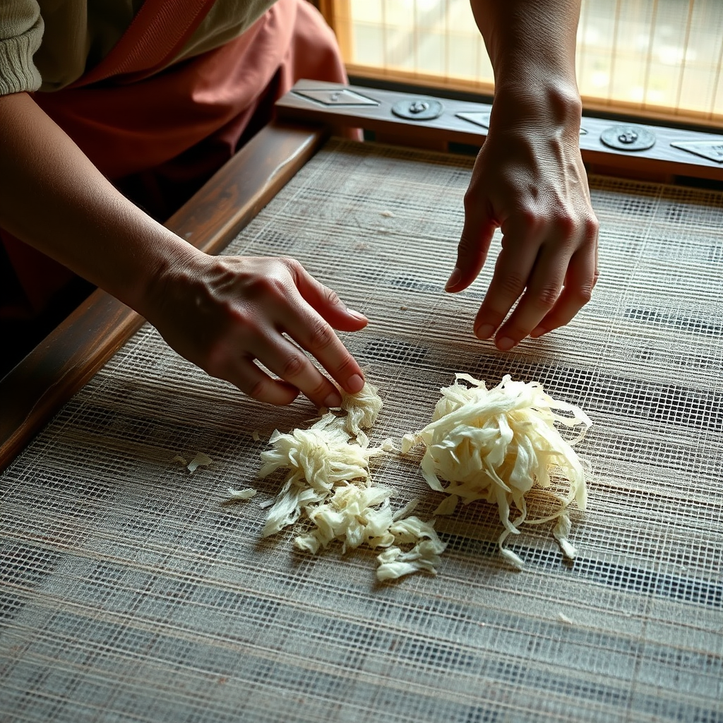 Traditional Japanese washi paper making process showing artisan hands working with mulberry fibers on a wooden screen, with natural lighting highlighting the delicate texture of handmade paper
