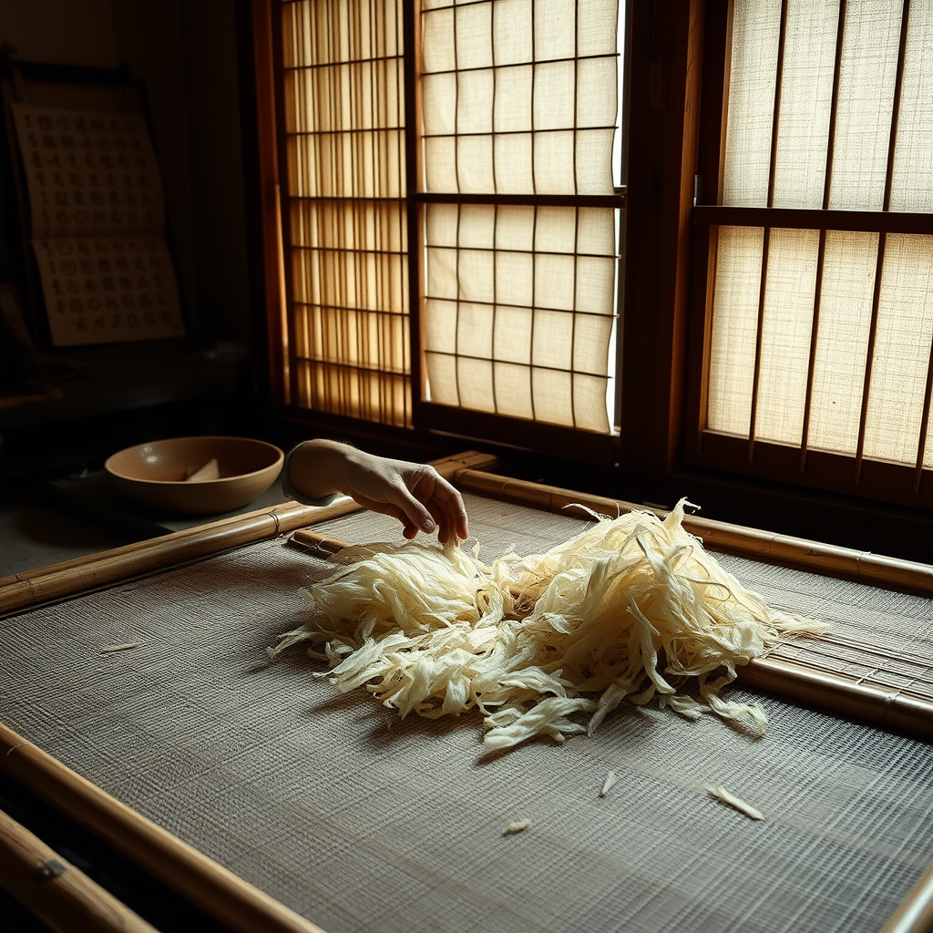 Traditional Japanese washi papermaking scene showing artisan hands working with mulberry fibers on a bamboo screen, with natural lighting filtering through paper screens in a traditional workshop setting