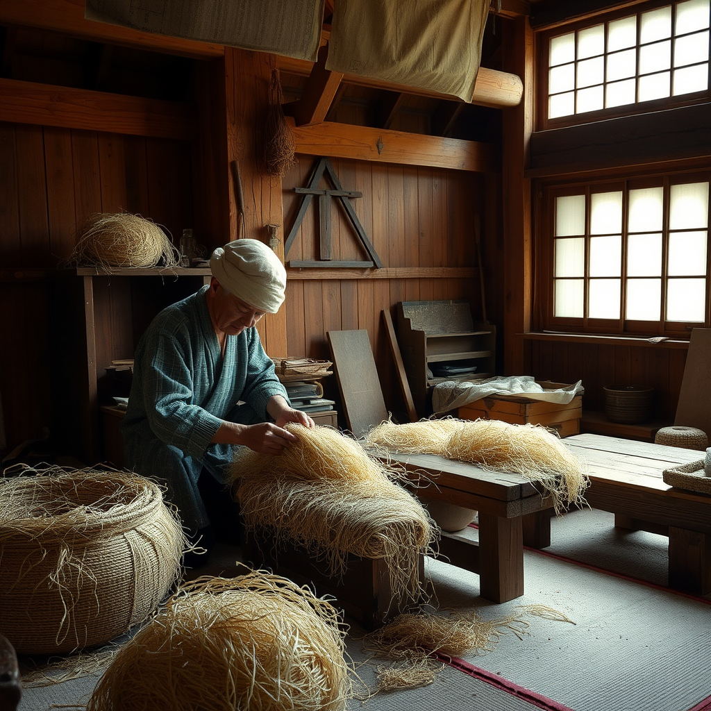 Traditional Japanese artisan working with mulberry fibers in a wooden workshop, creating washi paper using ancient techniques