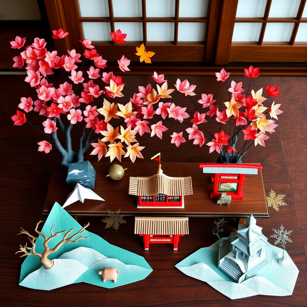 Beautiful seasonal origami display featuring cherry blossoms, maple leaves, festival decorations, and snow scenes arranged on traditional Japanese wooden table
