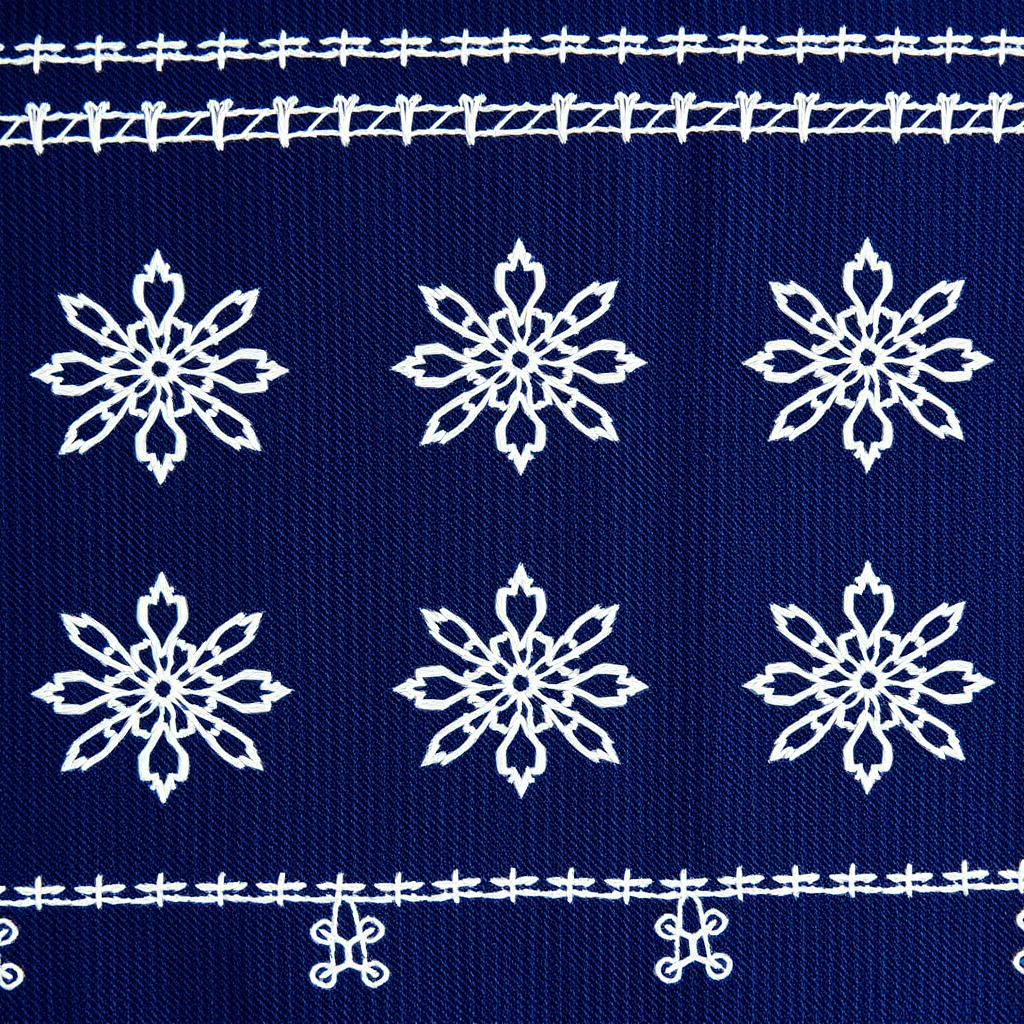 Beautiful sashiko embroidery pattern on indigo fabric showing traditional white running stitches creating geometric designs