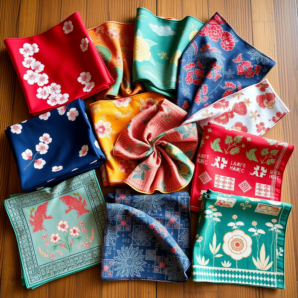 Beautiful collection of colorful furoshiki cloths arranged on a wooden table with traditional Japanese patterns including cherry blossoms, geometric designs, and nature motifs