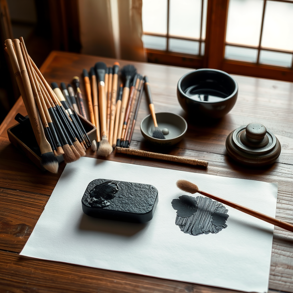 Traditional Japanese brush painting setup featuring various sized brushes, black ink stone, water dish, and white rice paper arranged on a wooden table with soft natural lighting