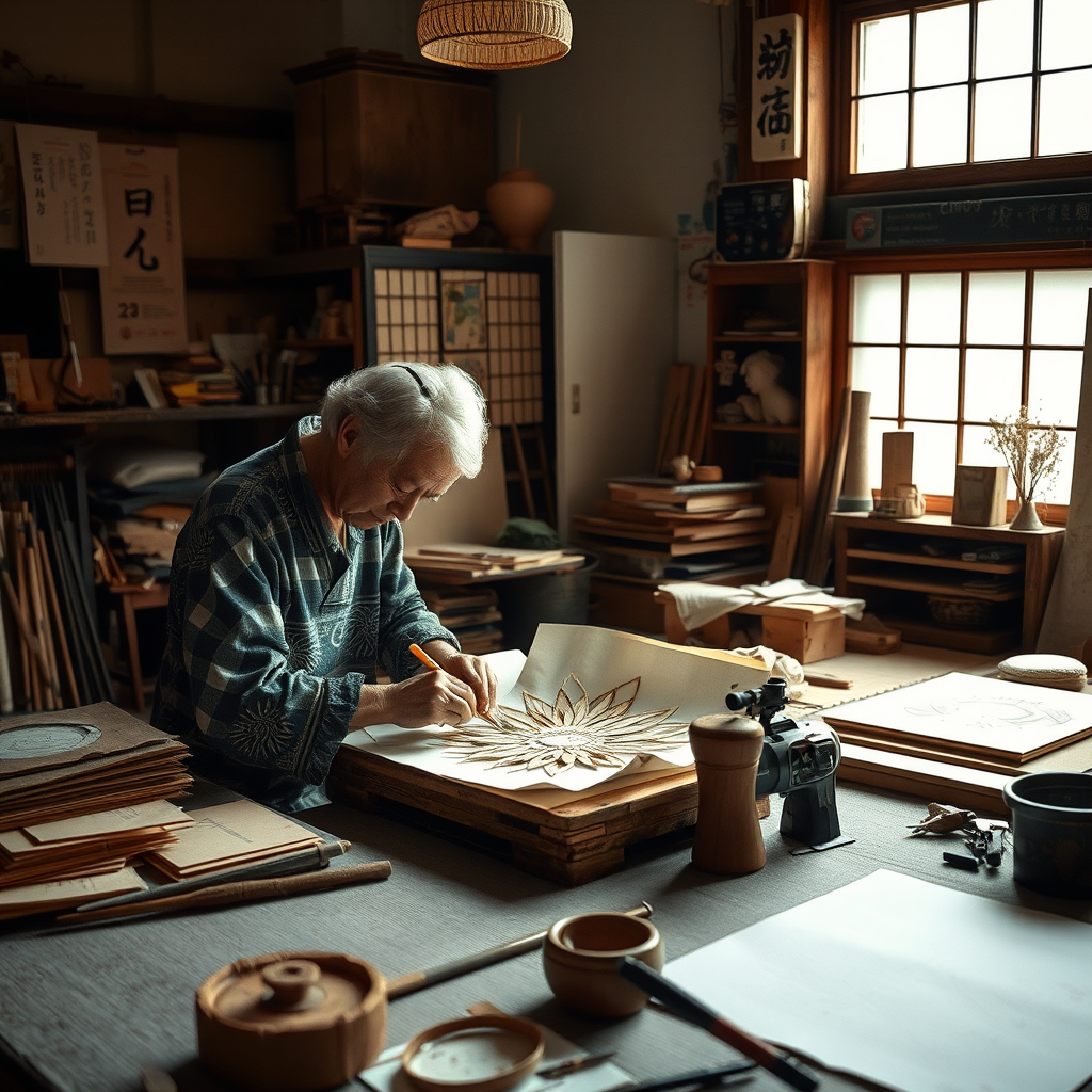Japanese artisan working on traditional paper art in a well-lit workshop with various crafting tools and materials