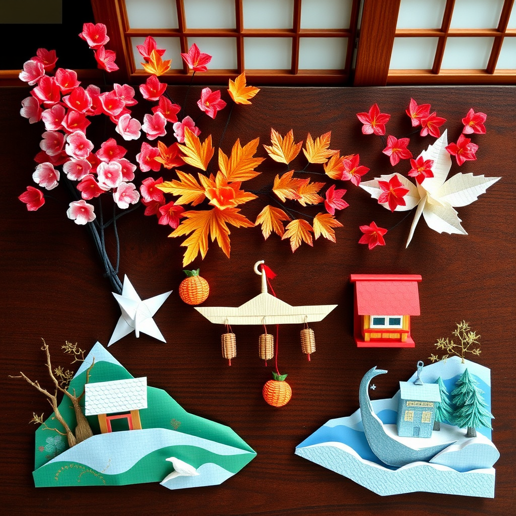 Beautiful seasonal origami display featuring cherry blossom flowers, autumn maple leaves, summer festival decorations, and winter snow scenes arranged on a traditional Japanese wooden table
