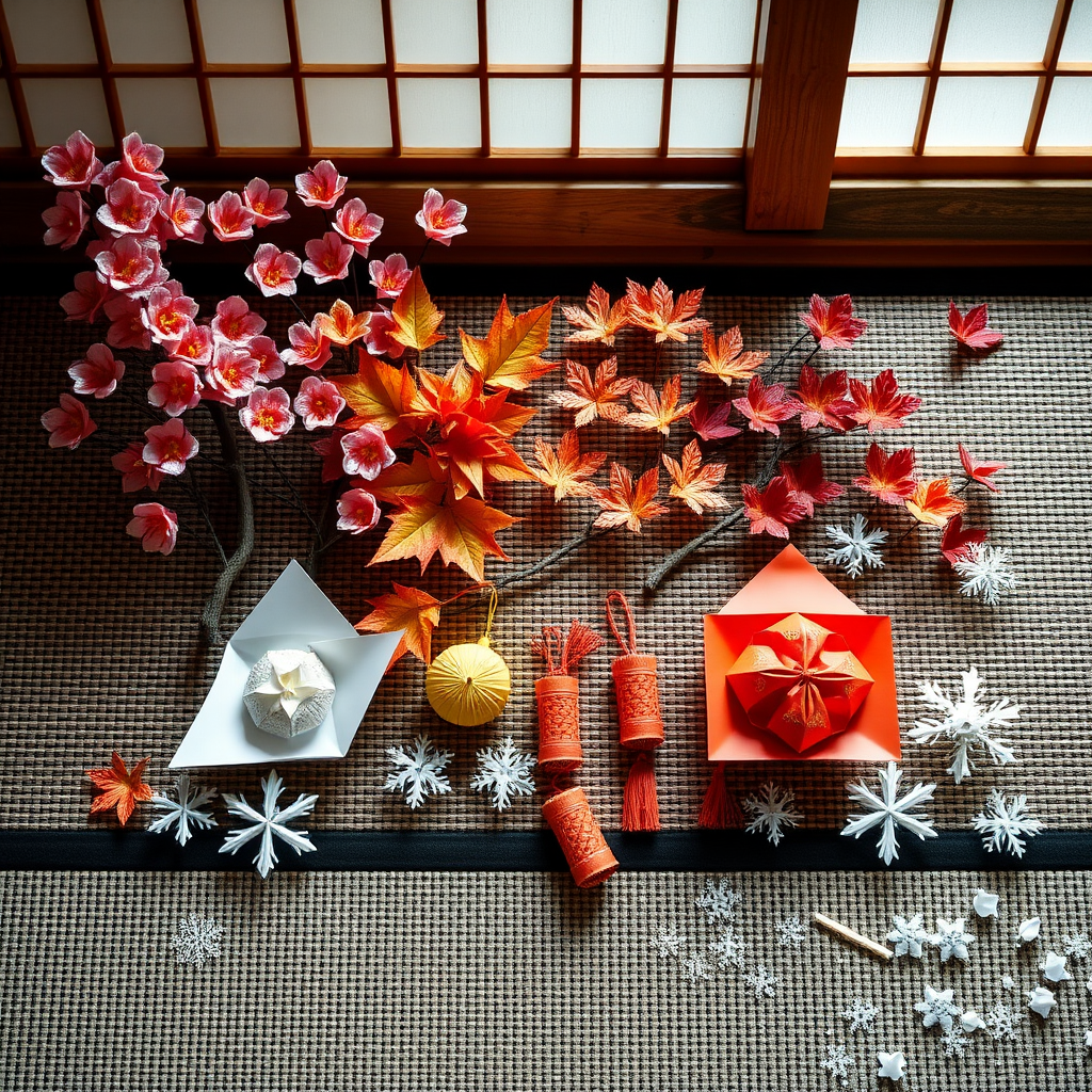 Beautiful seasonal origami display featuring cherry blossom flowers, autumn maple leaves, summer festival decorations, and winter snow crystals arranged on a traditional Japanese tatami mat with soft natural lighting