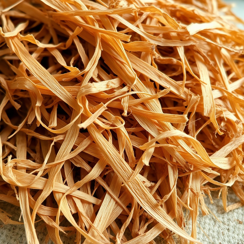 Close-up of kozo mulberry bark fibers being prepared for washi papermaking, showing the natural texture and color