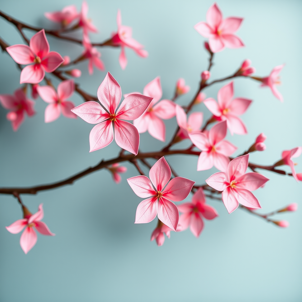 Delicate pink origami cherry blossoms arranged on branches with traditional Japanese paper in soft spring colors