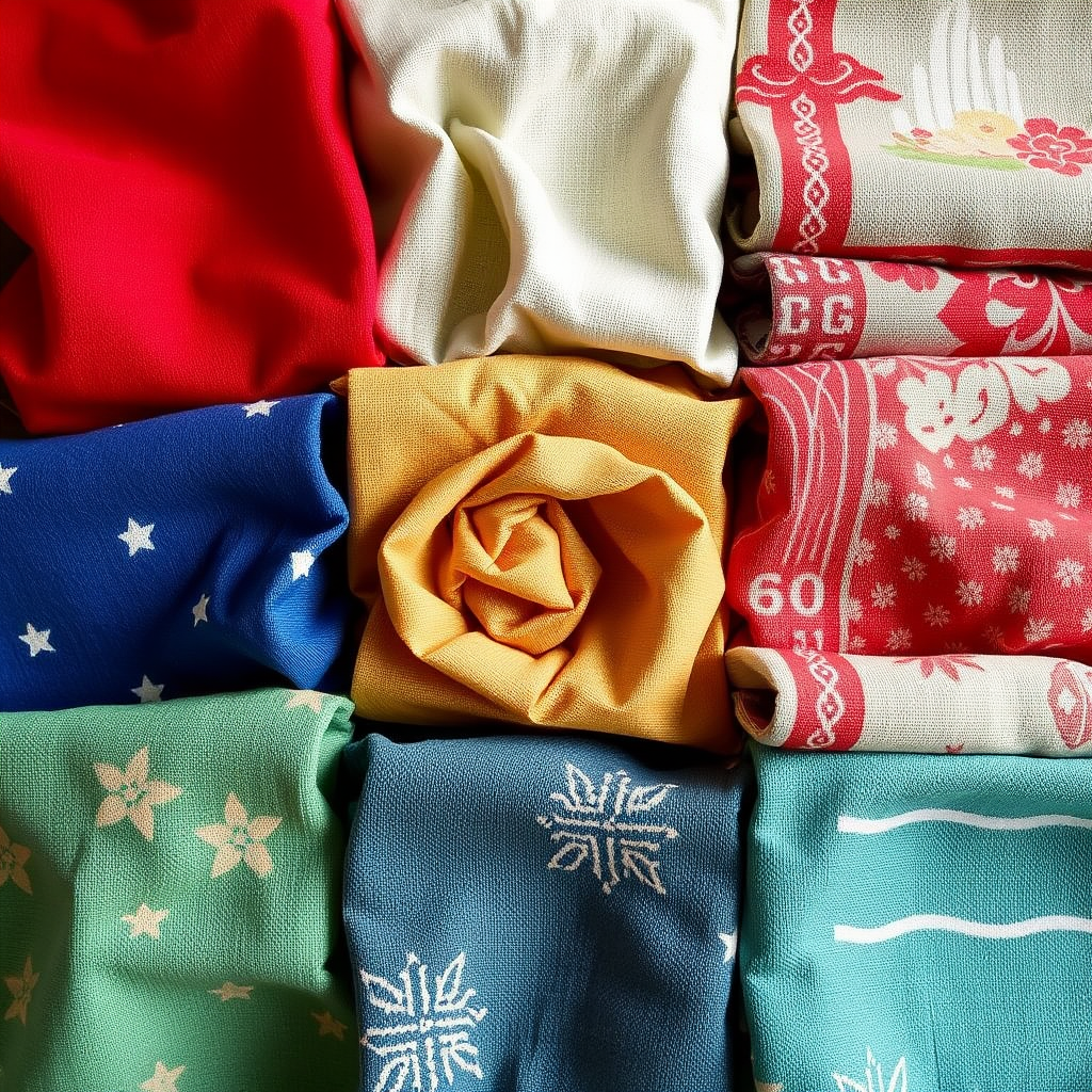 Various furoshiki fabric samples displayed showing different textures including cotton, silk, and linen in traditional Japanese colors and patterns