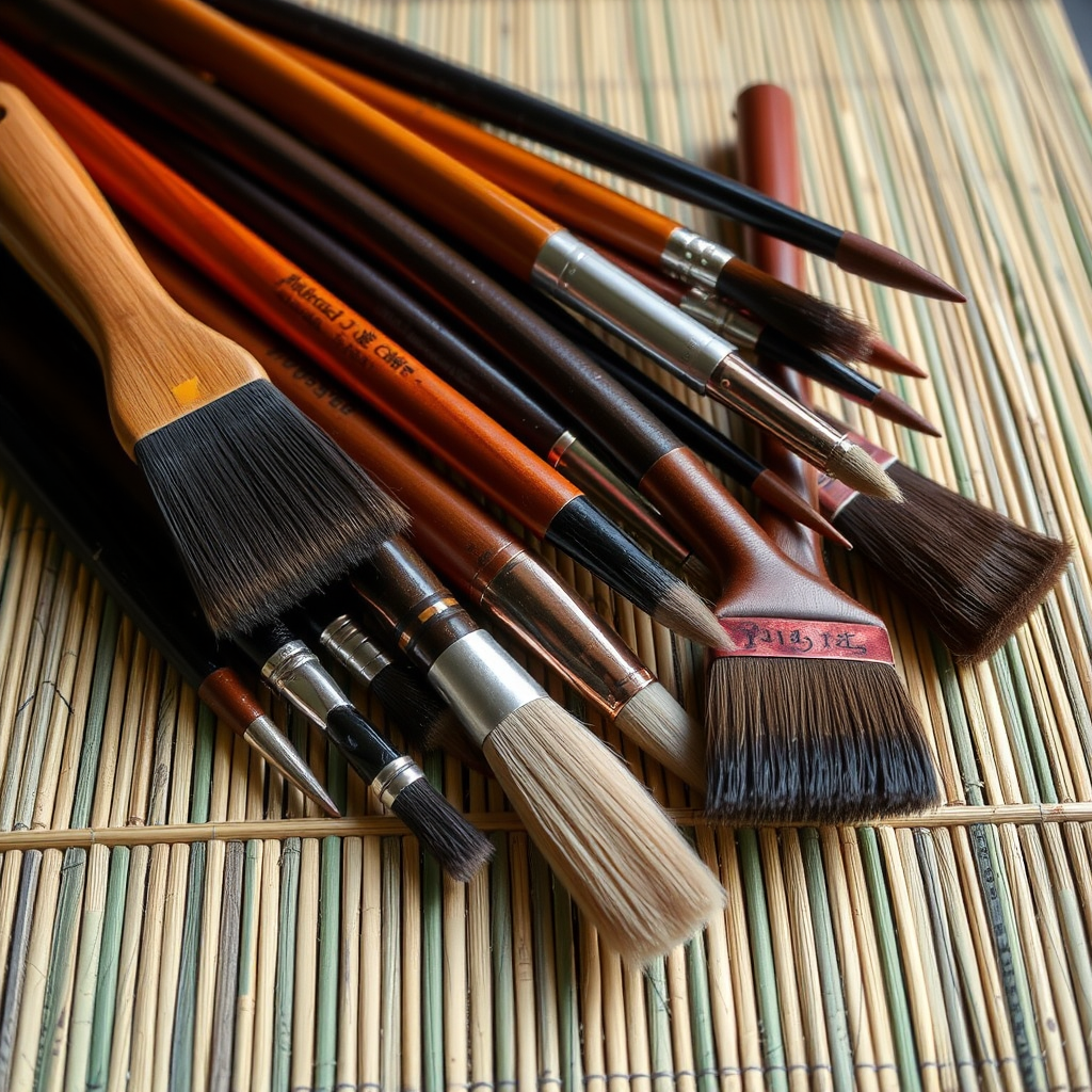 Collection of traditional Japanese painting brushes in various sizes from fine detail to broad wash brushes, arranged on a bamboo mat