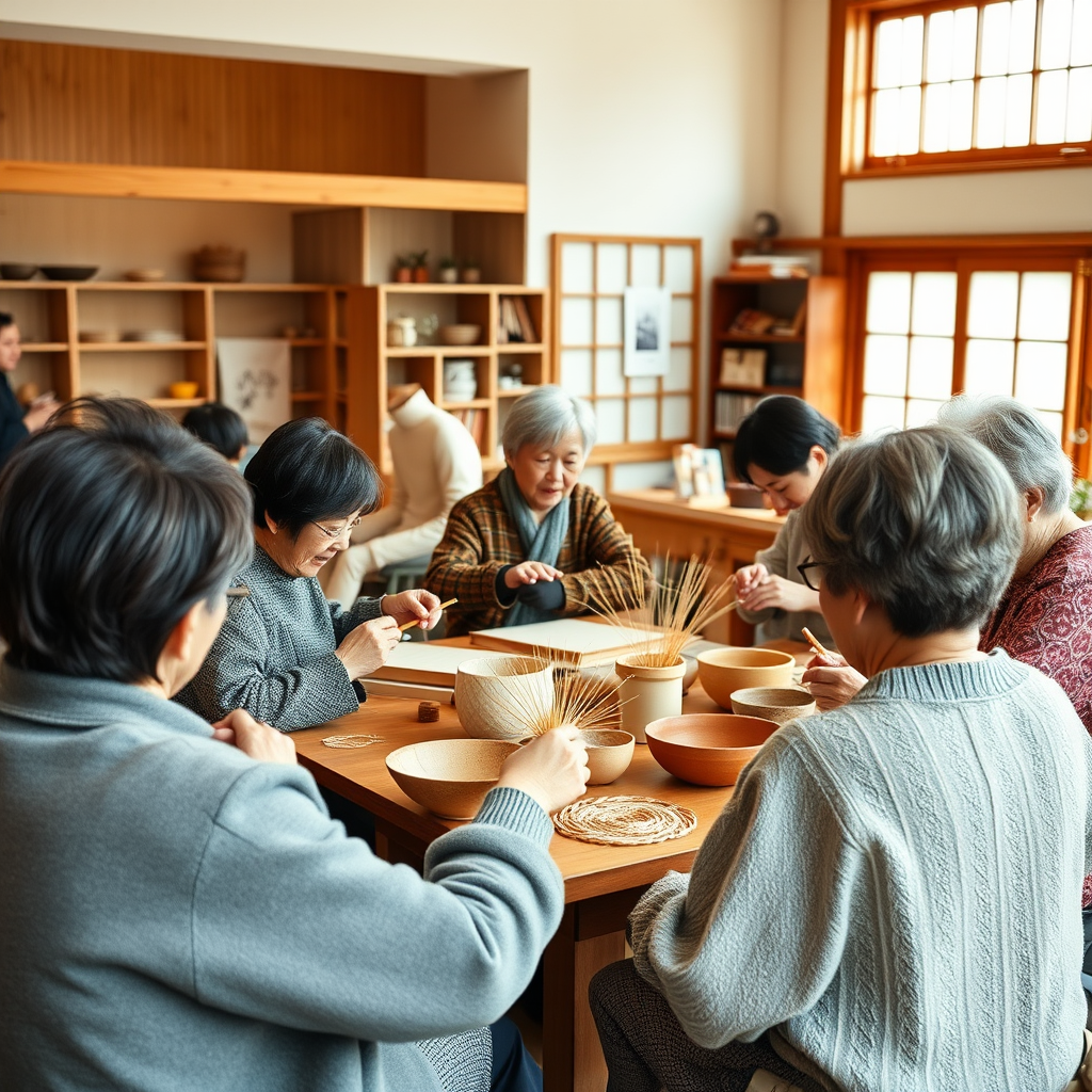 Group of people of different ages enjoying Japanese craft activities together in a bright, welcoming workshop space