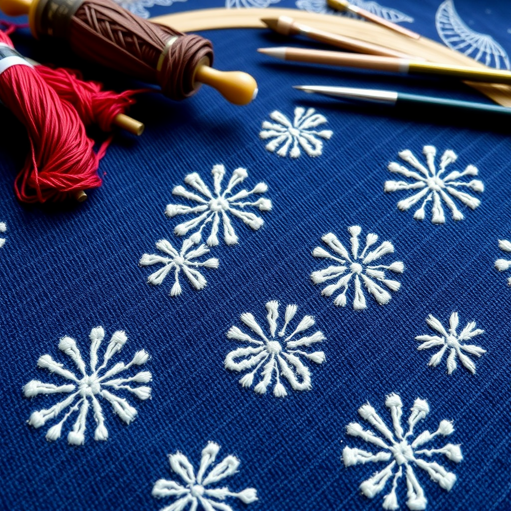 Close-up of traditional Japanese sashiko embroidery showing intricate white stitching patterns on indigo blue fabric, with embroidery tools and thread spools arranged nearby