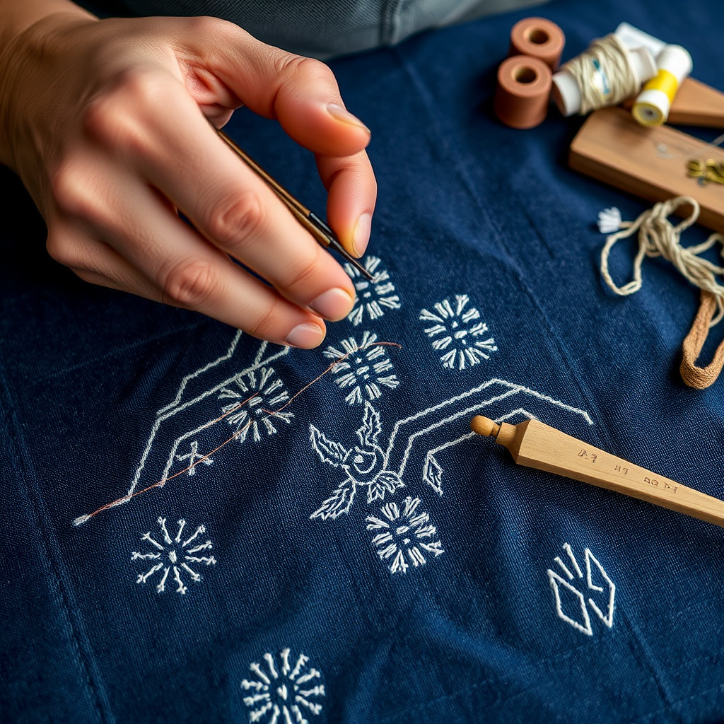 Close-up of hands performing traditional Japanese sashiko embroidery on indigo-dyed fabric, showing white running stitches creating geometric patterns, with traditional sewing tools and thread spools nearby