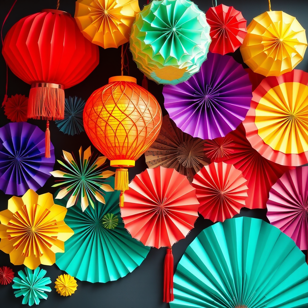Colorful origami festival decorations including paper lanterns, fans, and firework designs in bright summer colors