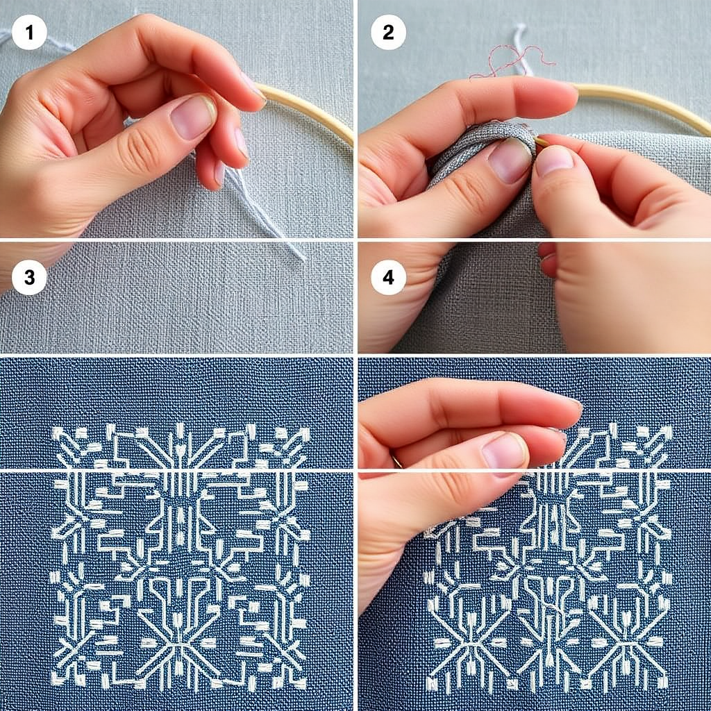 Step by step sashiko stitching process showing hands creating running stitches in geometric pattern
