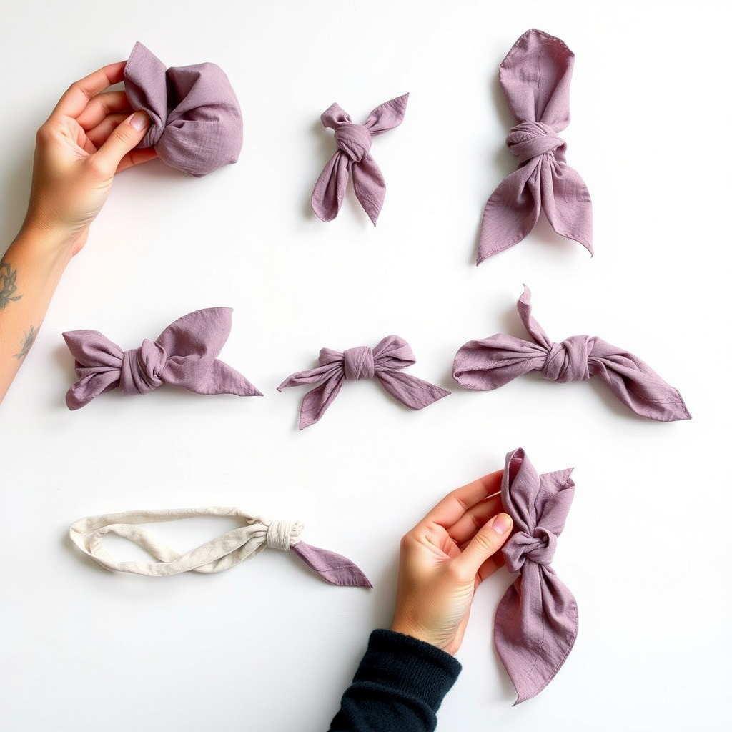 Step-by-step demonstration of basic furoshiki knots and folds laid out on a clean white surface with hands showing proper technique