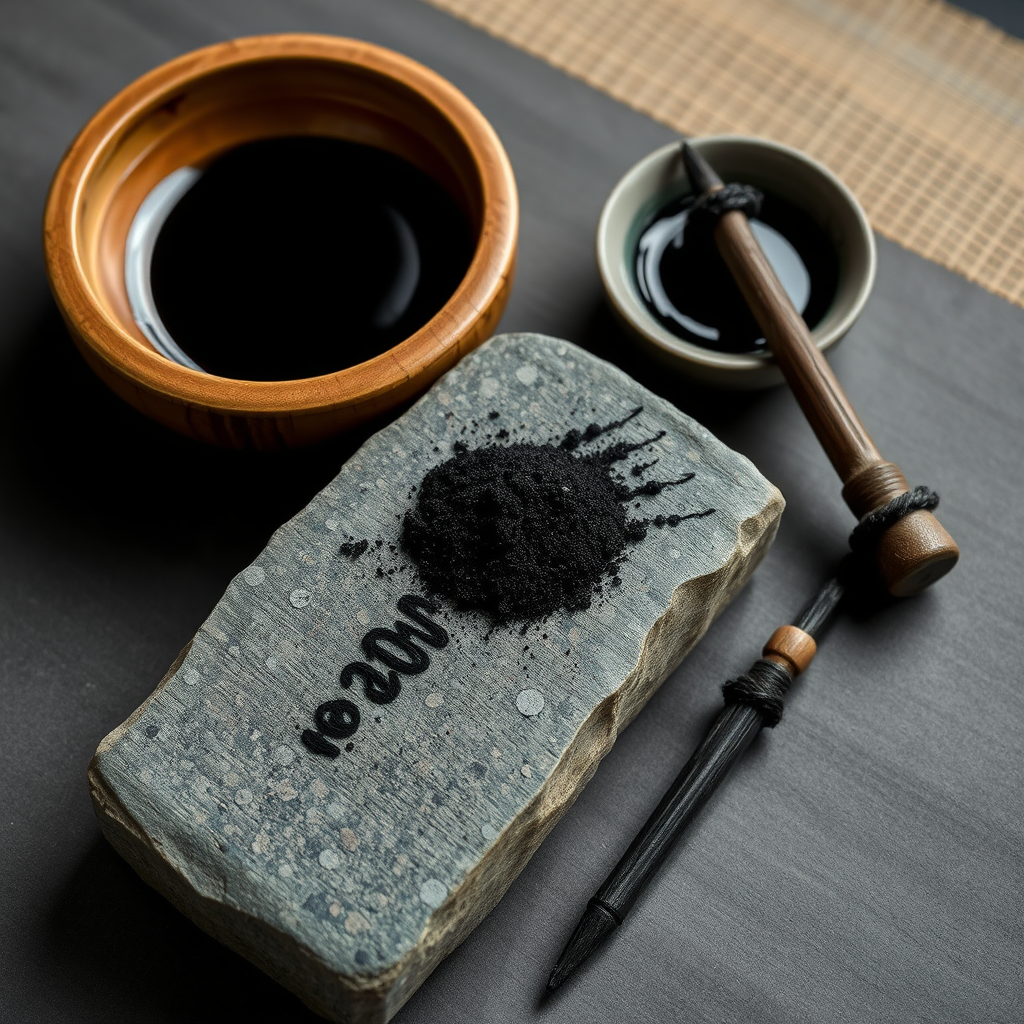 Traditional Japanese ink stone with freshly ground black ink, water dish, and ink stick arranged for painting preparation