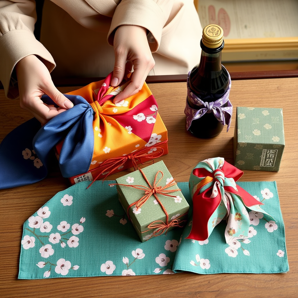 Elegant furoshiki cloth wrapping demonstration showing colorful Japanese fabrics being folded around gift boxes and bottles, with traditional knot techniques displayed on a wooden surface with cherry blossom patterns