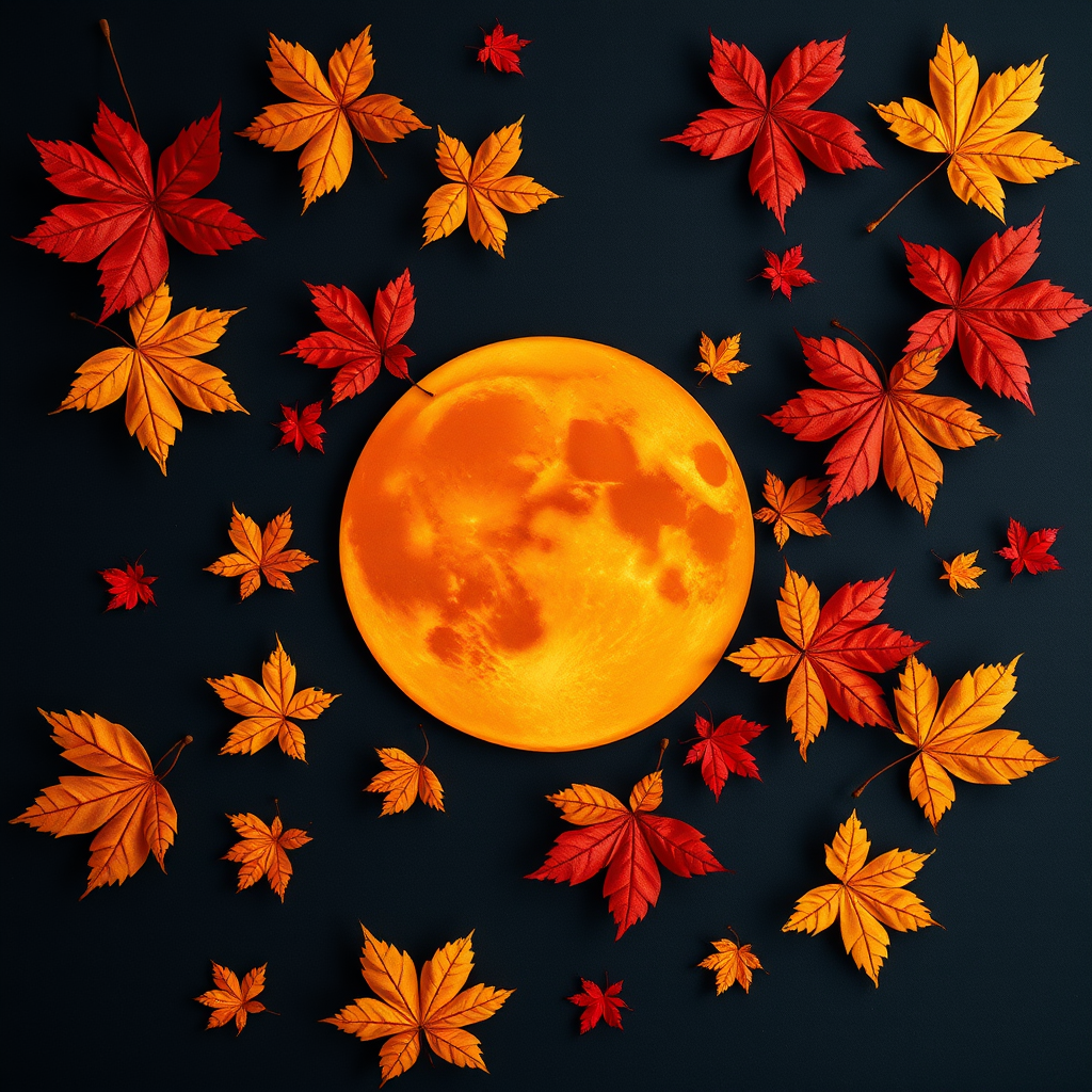 Stunning origami maple leaves in red, orange, and gold colors scattered around harvest moon design on dark background