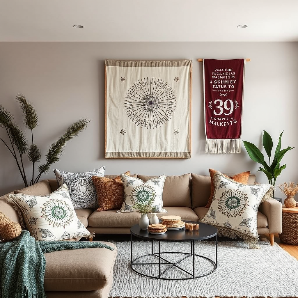 Modern home interior featuring sashiko embroidered cushions wall art and decorative textiles