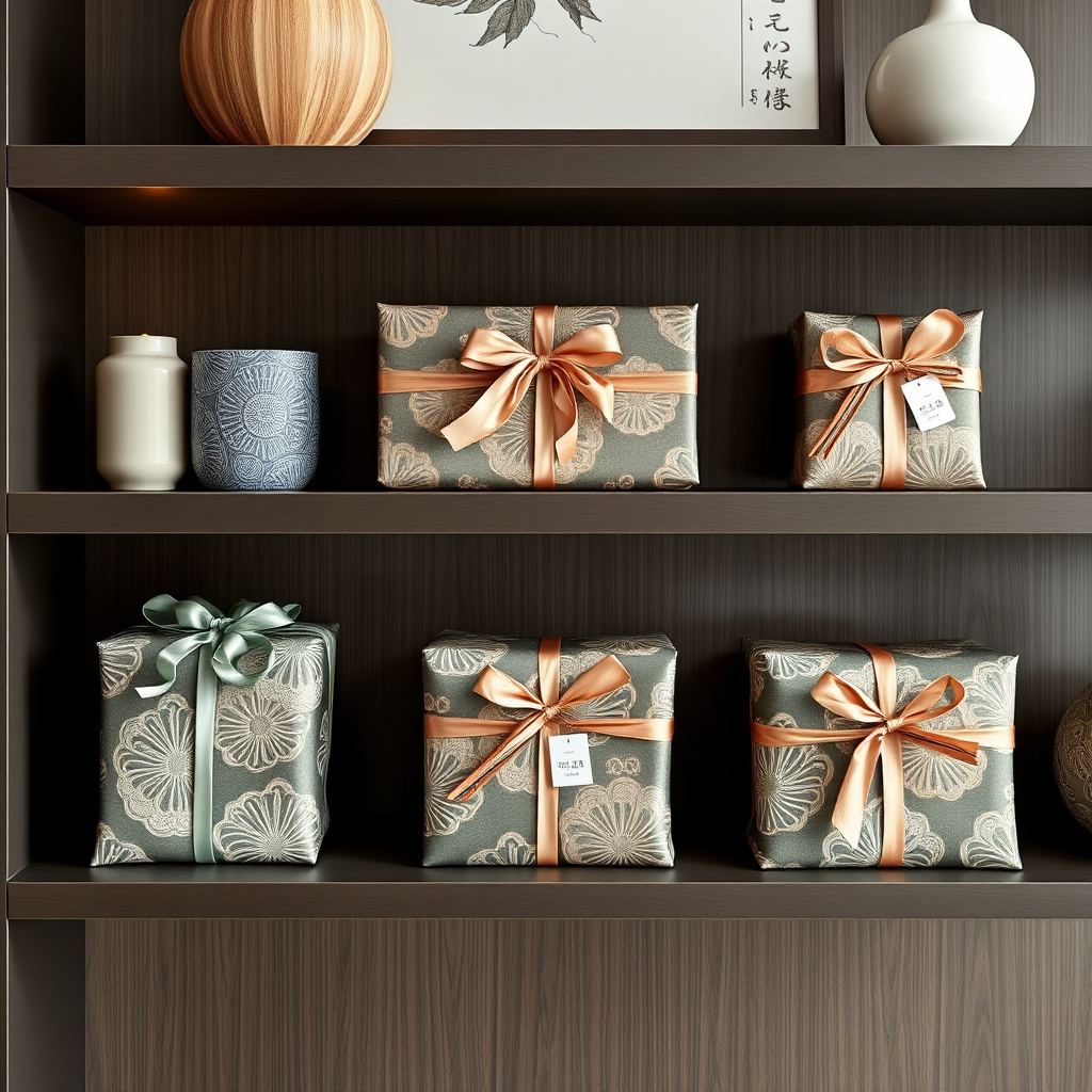 Elegant furoshiki-wrapped gifts displayed on a modern home shelf showing how the wrapped items become decorative elements in interior design