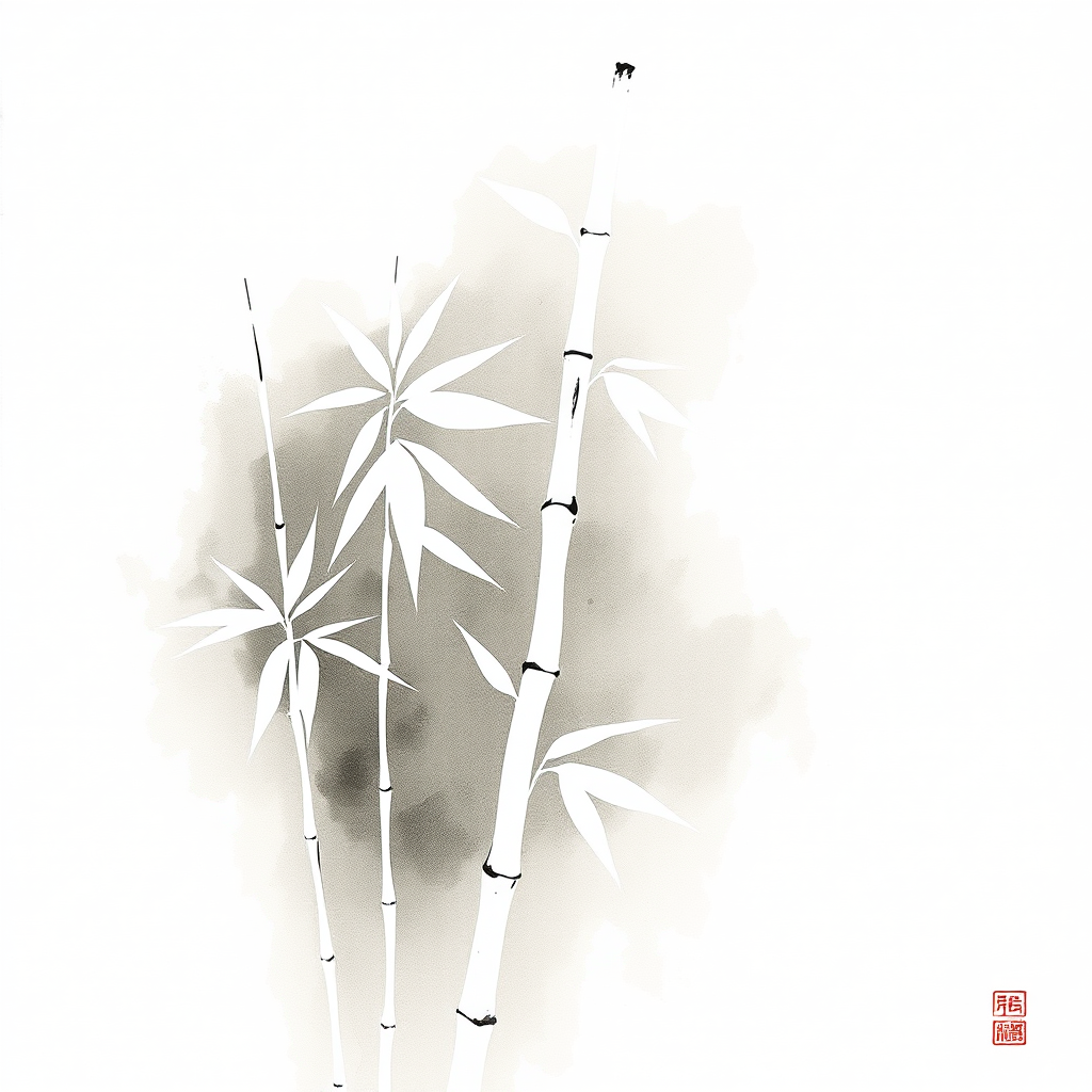 Minimalist Japanese ink painting of bamboo stalks with leaves, demonstrating basic vertical and curved brush strokes in traditional sumi-e style