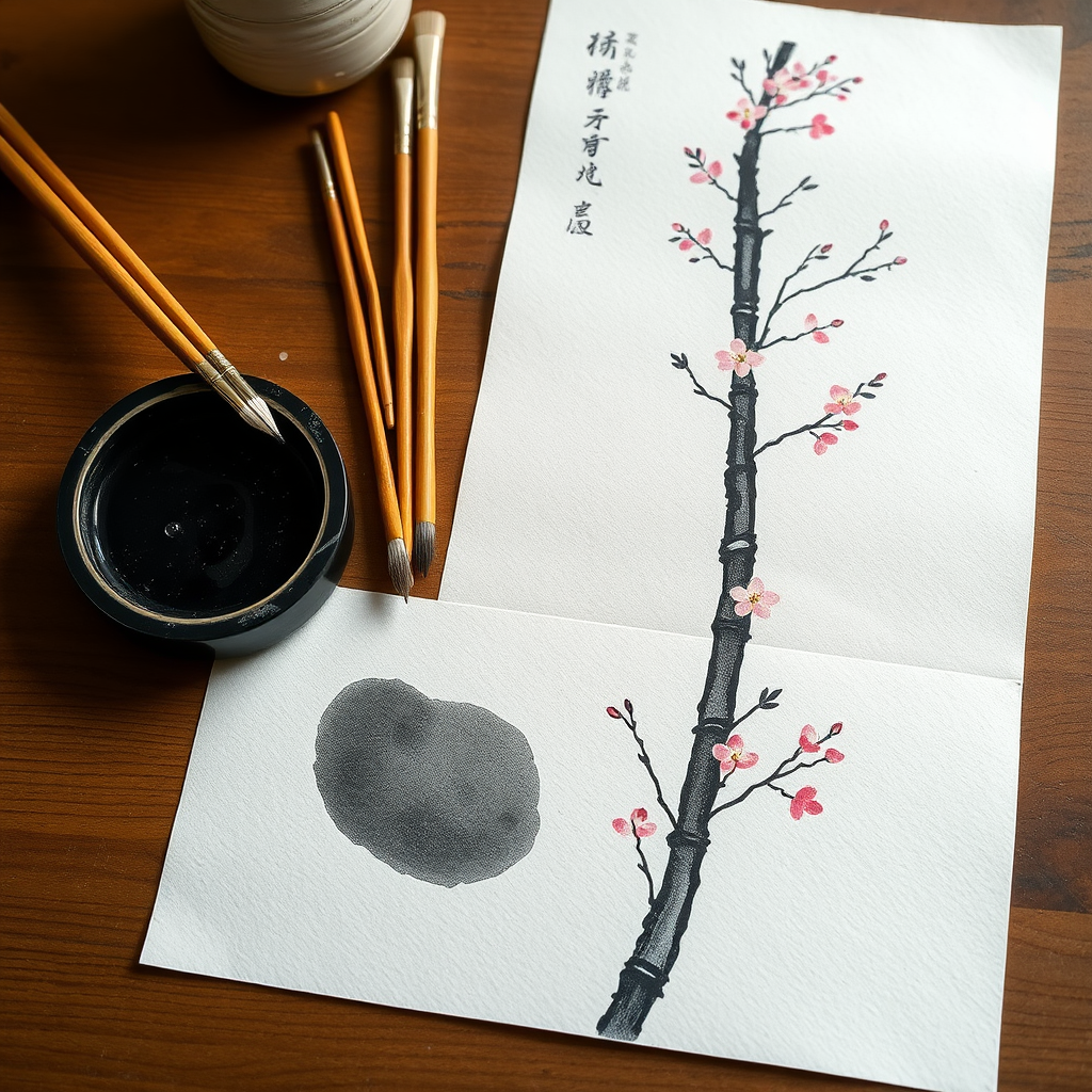 Traditional Japanese brush painting setup with bamboo brushes, black ink stone, water dish, and rice paper showing painted bamboo stalks and cherry blossoms in minimalist sumi-e style on a wooden desk