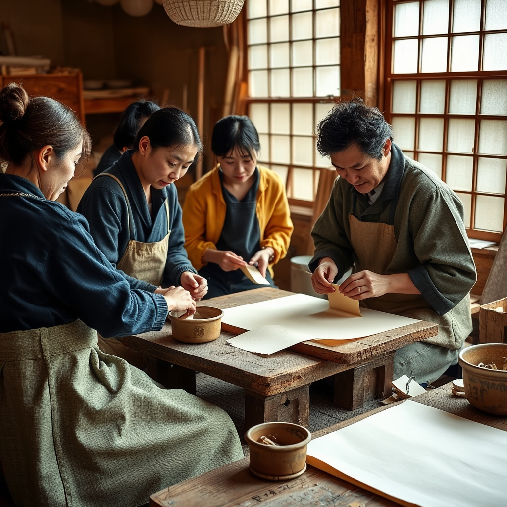 Workshop scene with students learning washi papermaking techniques from a master craftsman