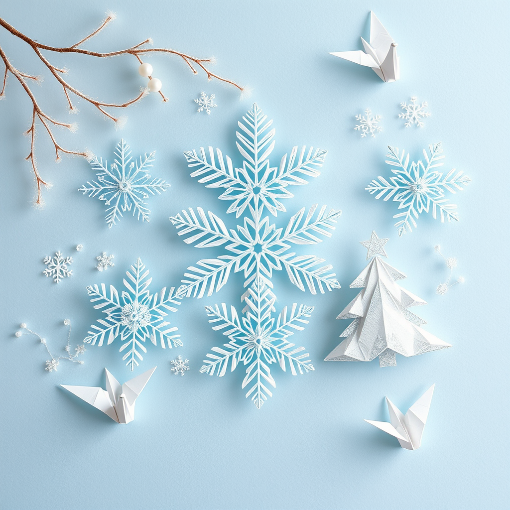 Intricate white and silver origami snowflakes and winter scenes with paper cranes on pale blue background