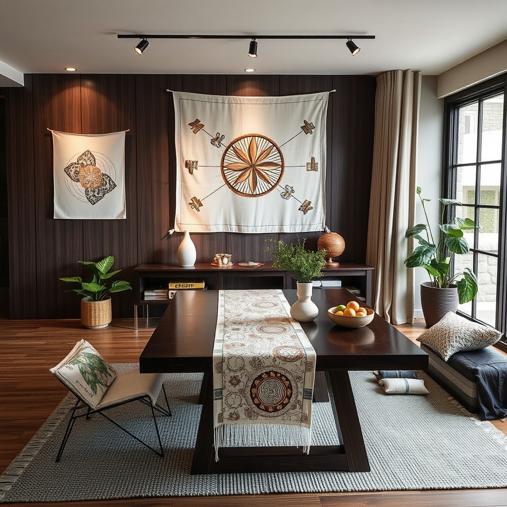 Creative home uses of furoshiki including wall art display, table runner, and decorative storage solutions in a modern Japanese-inspired interior