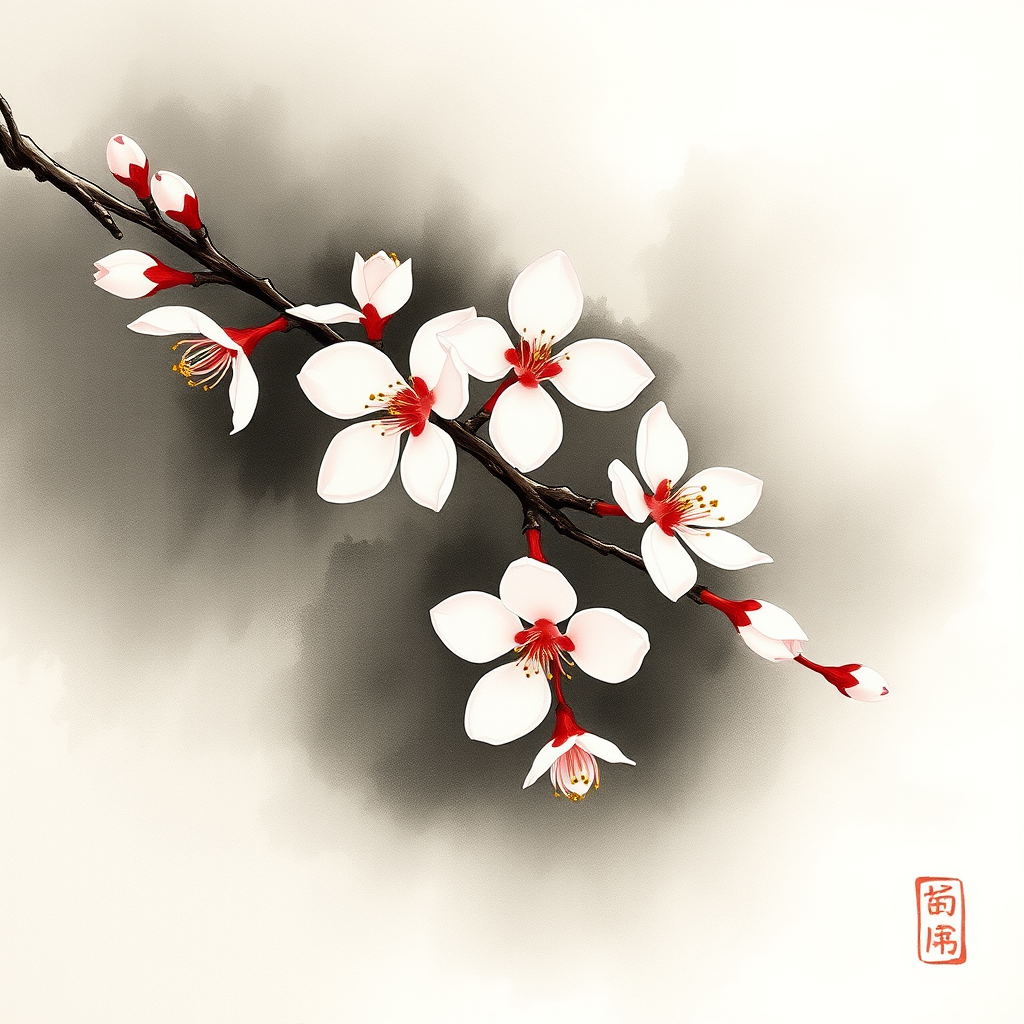 Elegant Japanese ink painting of cherry blossom branch with delicate five-petaled flowers and buds, painted in soft ink washes