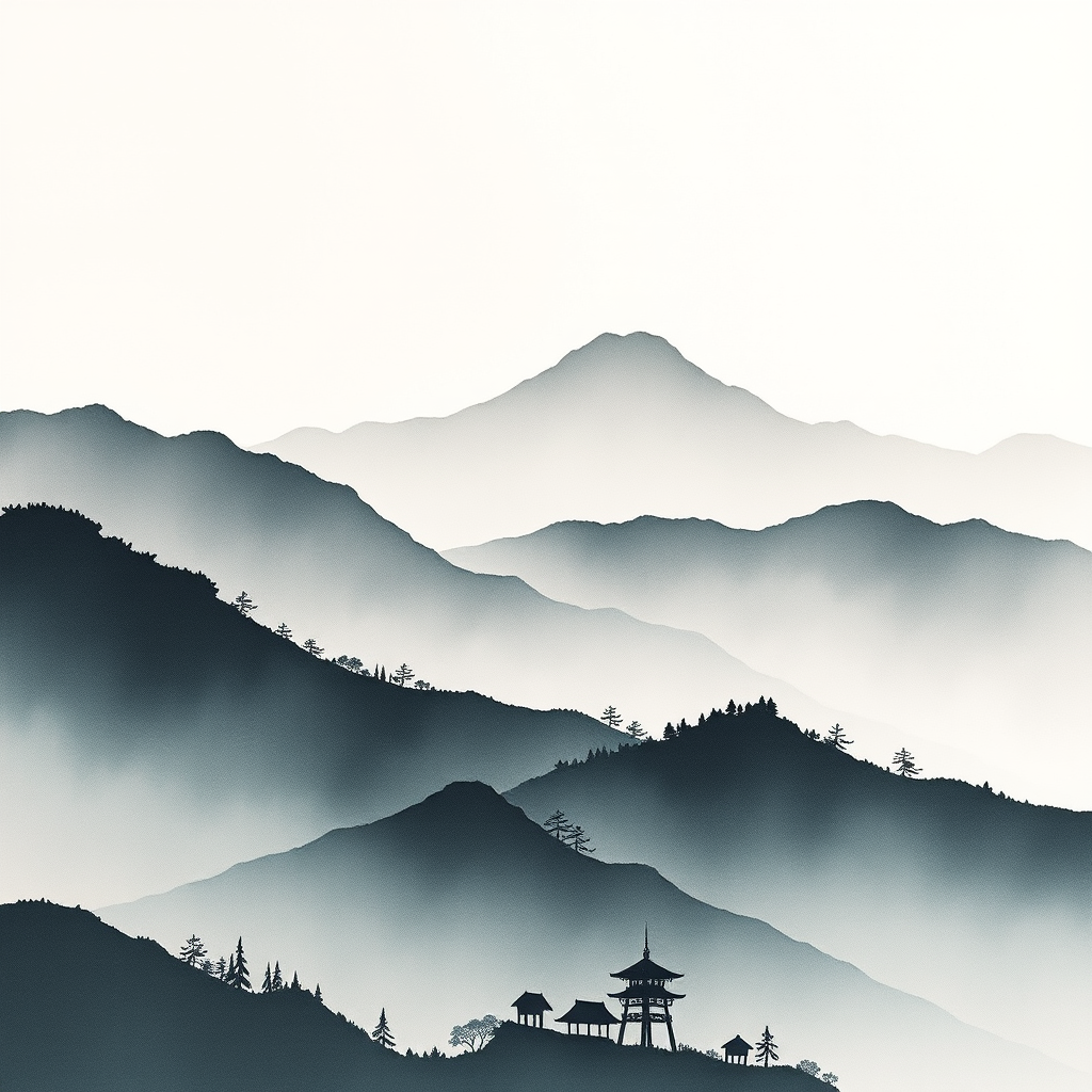 Serene Japanese mountain landscape painted in ink with misty atmospheric effects and layered mountain silhouettes