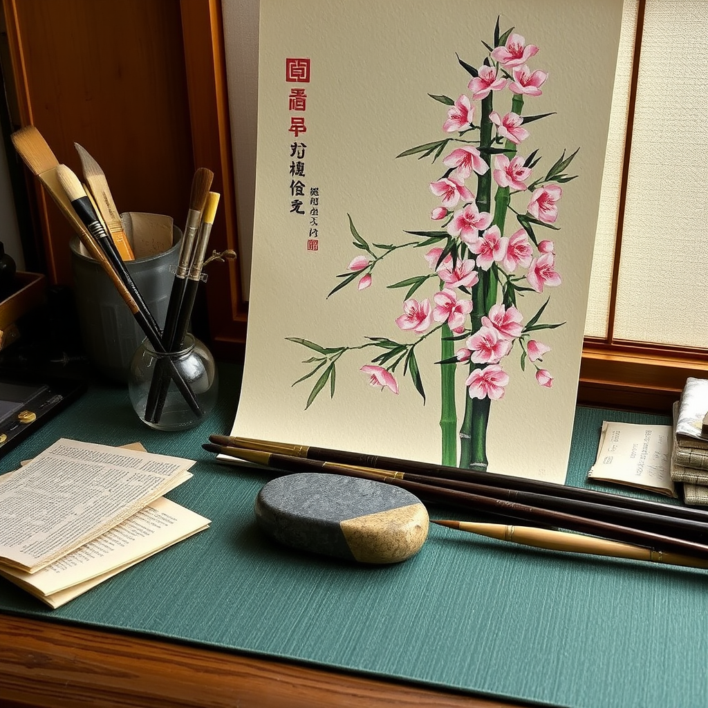 Peaceful Japanese brush painting workspace showing completed artwork of bamboo and cherry blossoms alongside traditional brushes, ink stone, and rice paper